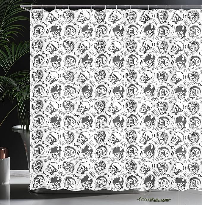 Ambesonne Manly Shower Curtain, Greyscale Pattern with Rider Skulls Bone Bikers Repair Shops Services Art, Cloth Fabric Bathroom Decor Set with Hooks, 69" W x 75" L, Charcoal Grey White