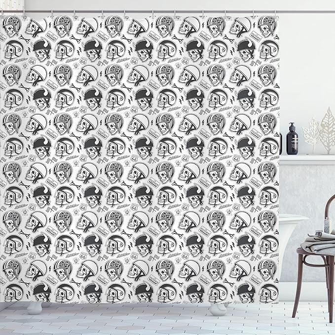 Ambesonne Manly Shower Curtain, Greyscale Pattern with Rider Skulls Bone Bikers Repair Shops Services Art, Cloth Fabric Bathroom Decor Set with Hooks, 69" W x 70" L, Charcoal Grey White