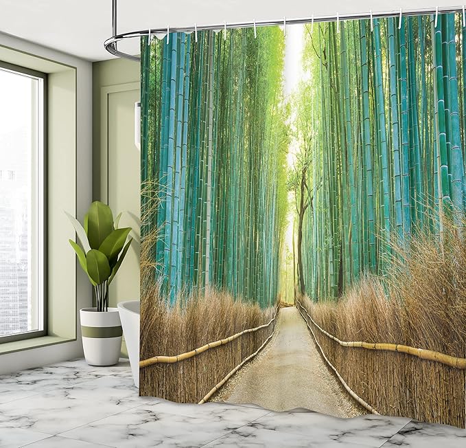 Ambesonne Forest Shower Curtain, Panoramic Photography of Historic Landscape Park in Japan Print Romance, Cloth Fabric Bathroom Decor Set with Hooks, 69" W x 70" L, Brown Turquoise