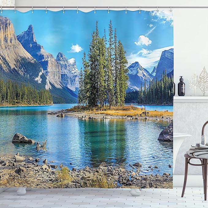 Ambesonne Mountain Shower Curtain, Outdoorsy Scenery of The Spirit Island and Maligne Lake Canada in Summer Nature Scene Print, Cloth Fabric Bathroom Decor Set with Hooks, 69" W x 84" L, Blue Green