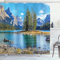Ambesonne Mountain Shower Curtain, Outdoorsy Scenery of The Spirit Island and Maligne Lake Canada in Summer Nature Scene Print, Cloth Fabric Bathroom Decor Set with Hooks, 69" W x 84" L, Blue Green