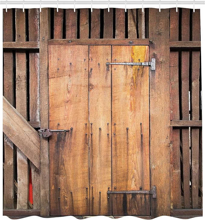 Ambesonne Rustic Shower Curtain, Dated Simple Door Like in Construction Vertical Barns House Nobody Bohemian Print, Cloth Fabric Bathroom Decor Set with Hooks, 69" W x 75" L, Chocolate