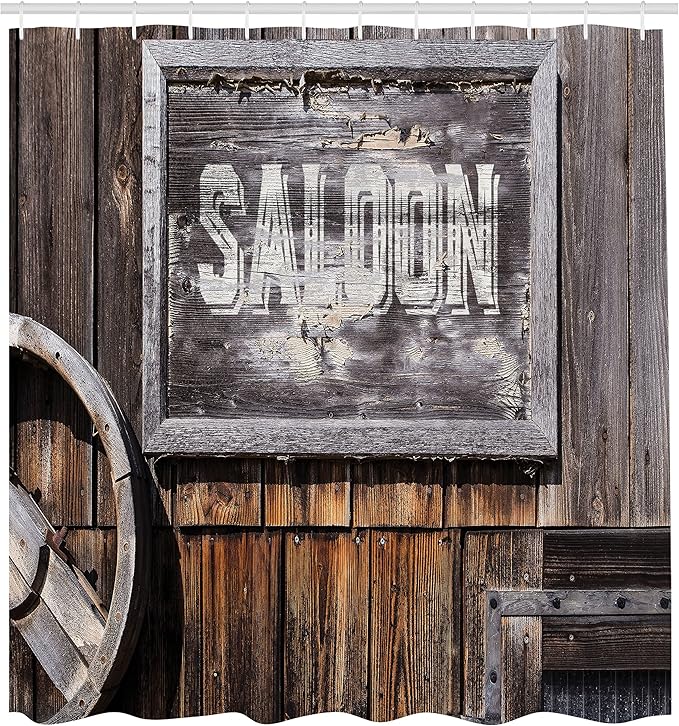Ambesonne Western Shower Curtain, Aged Wooden Sign Word Saloon, Planks on The Background, Classic Style Art, Cloth Fabric Bathroom Decor Set with Hooks, 69" W x 70" L, Grey Brown