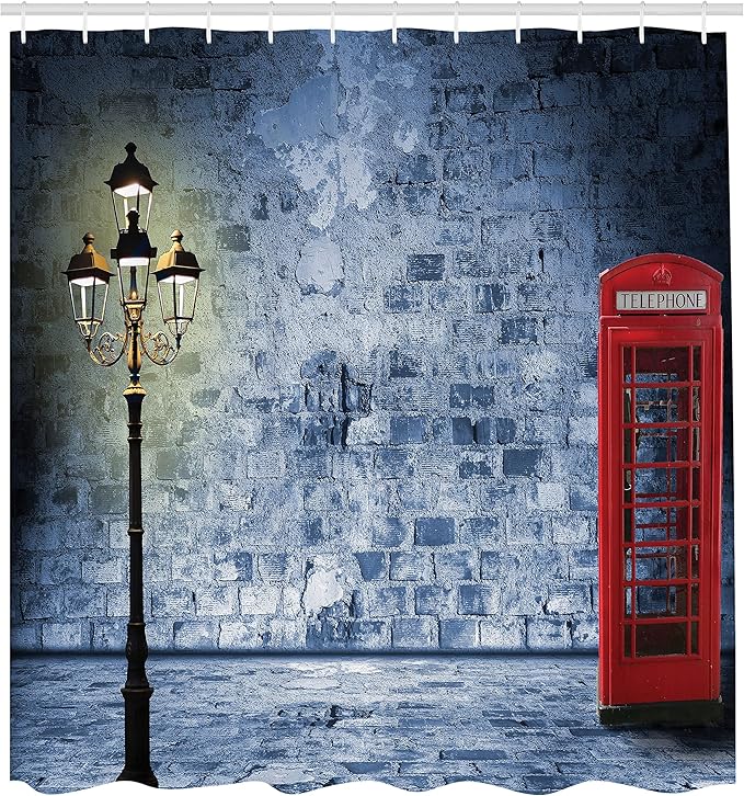 Ambesonne British Shower Curtain, Vintage Scene Brick Wall and British Phone Box in Dark Night Twilight, Cloth Fabric Bathroom Decor Set with Hooks, 69" W x 84" L, Violet Blue Vermilion