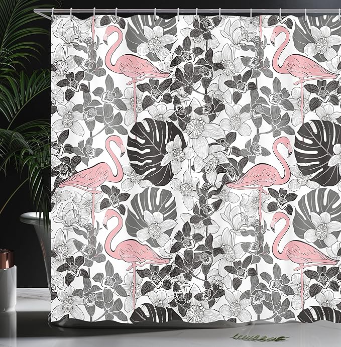 Ambesonne Flamingo Shower Curtain, Flamingos Pattern Leaves and Flowers Tropical Plants on The Background, Cloth Fabric Bathroom Decor Set with Hooks, 69" W x 70" L, Black Grey Pale Pink
