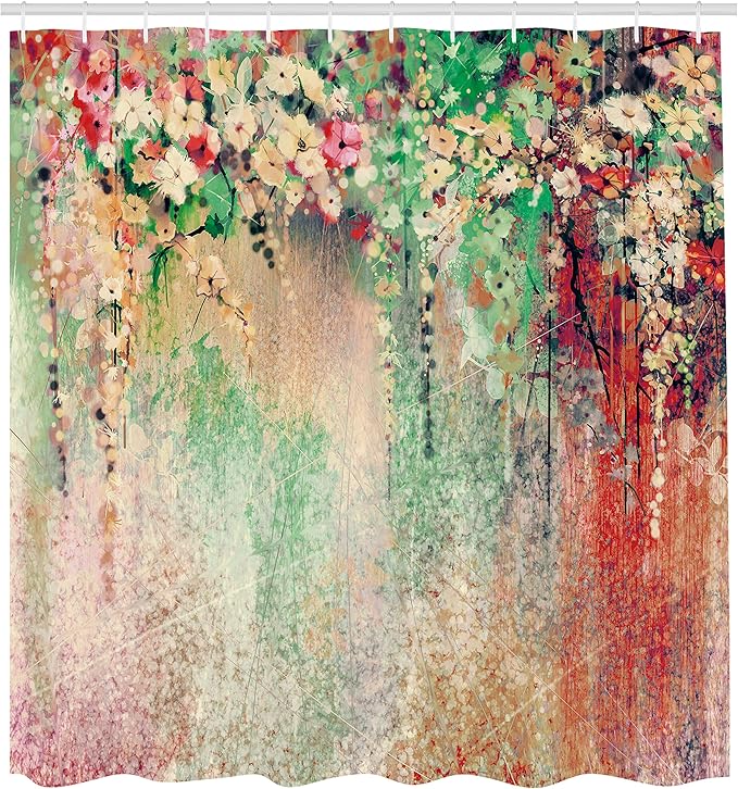 Ambesonne Flower Shower Curtain, Abstract Herbs Alternative Medicine Blossoms Ivy Back Florets Shrubs Design, Cloth Fabric Bathroom Decor Set with Hooks, 69" W x 70" L, Shamrock Green