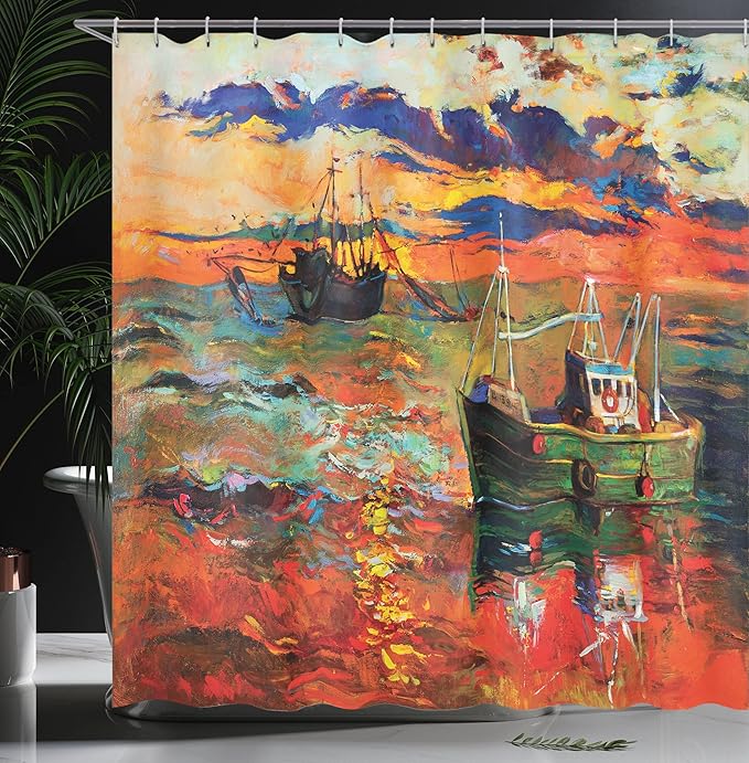 Ambesonne Country Shower Curtain, Pastel Color Paint of Sail Boats Fishing The Ocean by Early Morning at Sunset Art, Cloth Fabric Bathroom Decor Set with Hooks, 69" W x 84" L, Vermilion