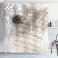 Ambesonne Peacock Shower Curtain, Music Notes Sheet Texture with Peacock Feather Evil Eye on Antique Style Musical Theme, Cloth Fabric Bathroom Decor Set with Hooks, 69" W x 75" L, Beige