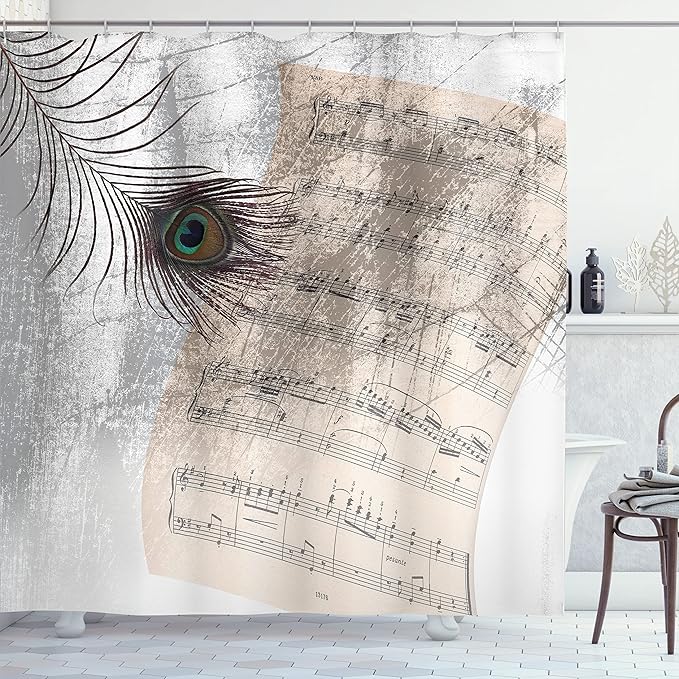 Ambesonne Peacock Shower Curtain, Music Notes Sheet Texture Animal Feather Evil Eye on Antique Style Musical Theme, Cloth Fabric Bathroom Decor Set with Hooks, 69" W x 70" L, Beige