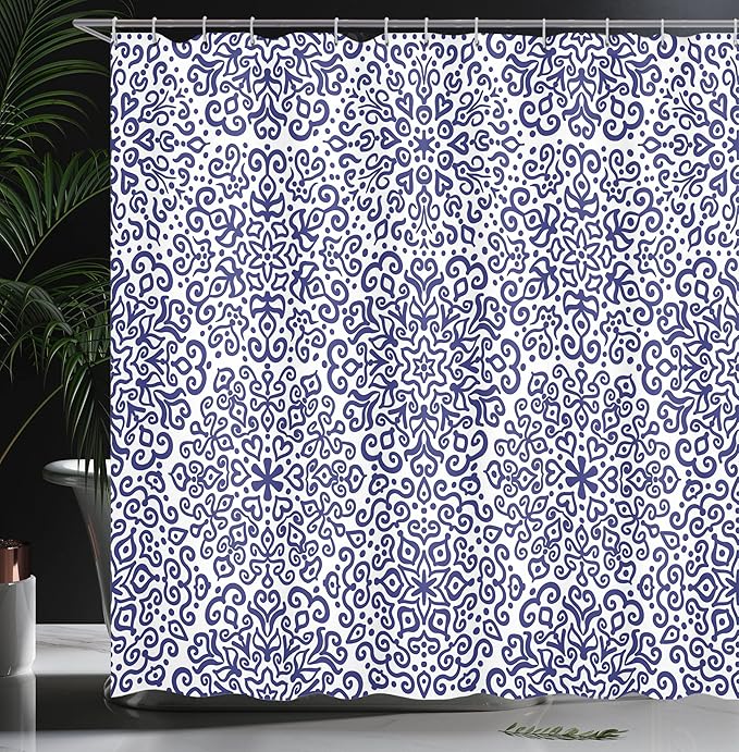 Ambesonne Indigo Shower Curtain, Mandala Pattern of Blooming with Trippy Flowery Hearts on Plain Backdrop Print, Cloth Fabric Bathroom Decor Set with Hooks, 69" W x 75" L, Indigo and White