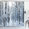 Ambesonne Winter Shower Curtain, Snow Covered Forest Idyllic Early Morning Scenery Seasonal Xmas Nature, Cloth Fabric Bathroom Decor Set with Hooks, 69" W x 70" L, Black White Slate Blue