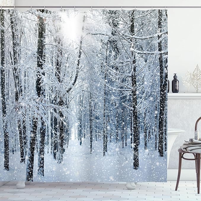 Ambesonne Winter Shower Curtain, Snow Covered Forest Idyllic Early Morning Scenery Seasonal Xmas Nature, Cloth Fabric Bathroom Decor Set with Hooks, 69" W x 70" L, Black White Slate Blue