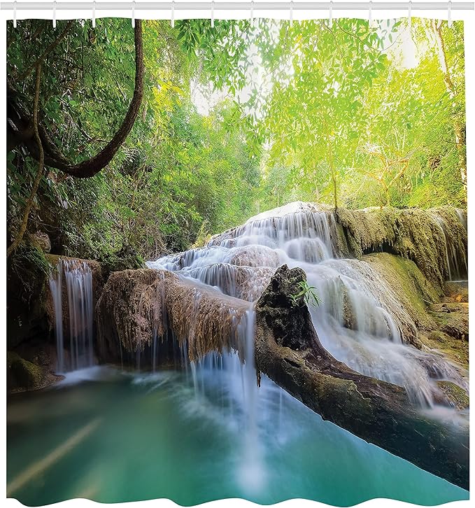 Ambesonne Waterfall Shower Curtain, Landscape with Flowing Water of Erawan Cascade in Rain Forest, Cloth Fabric Bathroom Decor Set with Hooks, 69" W x 75" L, Green Turquoise