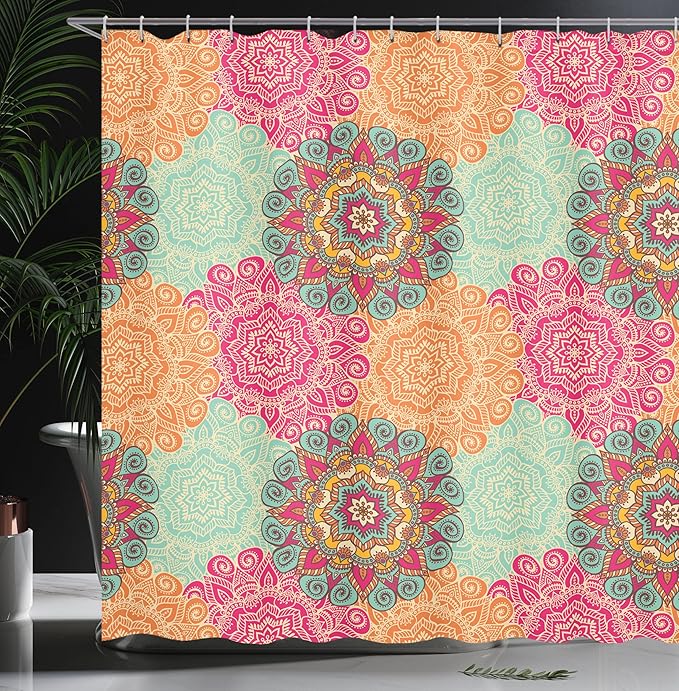 Ambesonne Mandala Shower Curtain, Antique Mandala Patterns Circles in Vintage Colors Native Tribal Ornamental, Cloth Fabric Bathroom Decor Set with Hooks, 84" Long Extra, Fuchsia Orange
