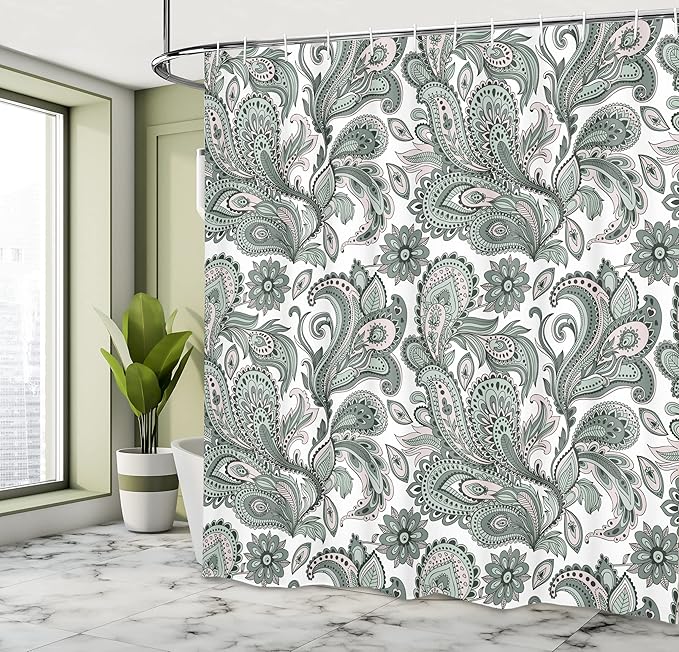 Ambesonne Paisley Shower Curtain, Ethnic Swirly Flowers Leaves Floral Pattern Bohemian Style Country Print, Cloth Fabric Bathroom Decor Set with Hooks, 69" W x 70" L, Laurel Green Blush