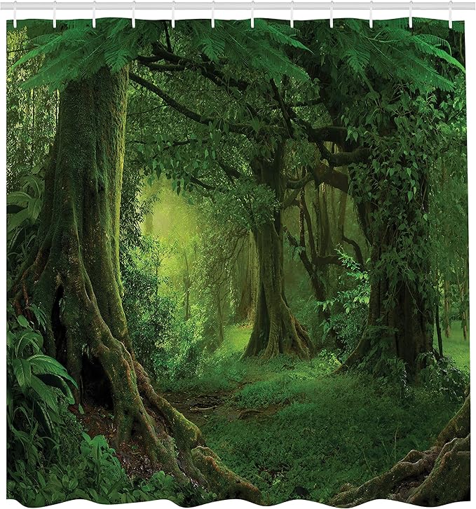 Ambesonne Forest Shower Curtain, Enchanted Woodland Foliage in Deep Tropical Jungle at Southeast Landscape Print, Cloth Fabric Bathroom Decor Set with Hooks, 69" W x 75" L, Green