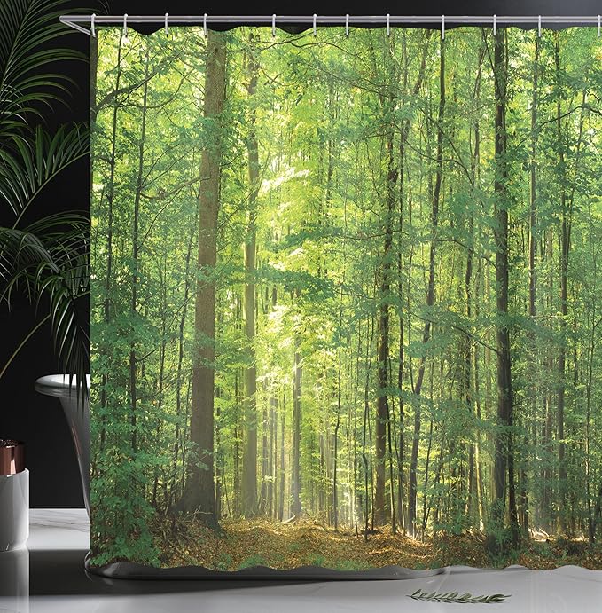 Ambesonne Woodland Shower Curtain, Deciduous Forest Trees in Summertime Foliage Sun Rays Romantic Holidays Scenic Image, Cloth Fabric Bathroom Decor Set with Hooks, 69" W x 70" L, Bamboo Green