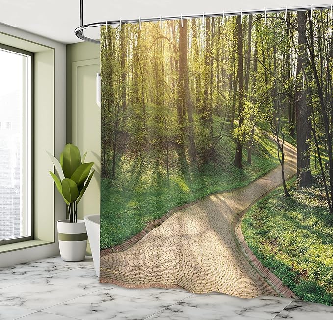 Ambesonne Outdoor Shower Curtain, Footpath Green City Park Sun Rays Freshness Hiking Forest Tranquil Botany, Cloth Fabric Bathroom Decor Set with Hooks, 69" W x 70" L, Green Beige Yellow
