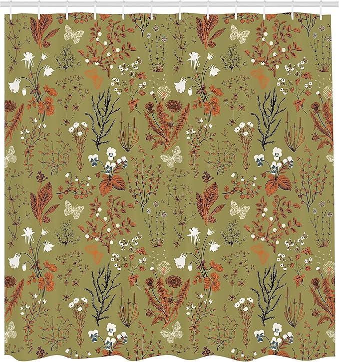 Ambesonne Floral Shower Curtain, Vintage Garden Plants Herbs Flowers Botanical Classic Design Illustration, Cloth Fabric Bathroom Decor Set with Hooks, 69" W x 70" L, Dark Orange