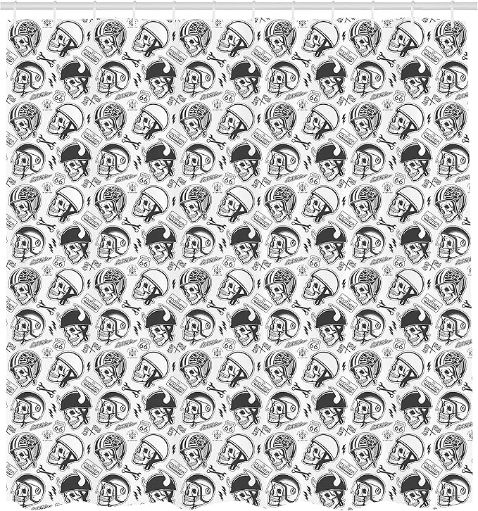 Ambesonne Manly Shower Curtain, Greyscale Pattern with Rider Skulls Bone Bikers Repair Shops Services Art, Cloth Fabric Bathroom Decor Set with Hooks, 69" W x 75" L, Charcoal Grey White