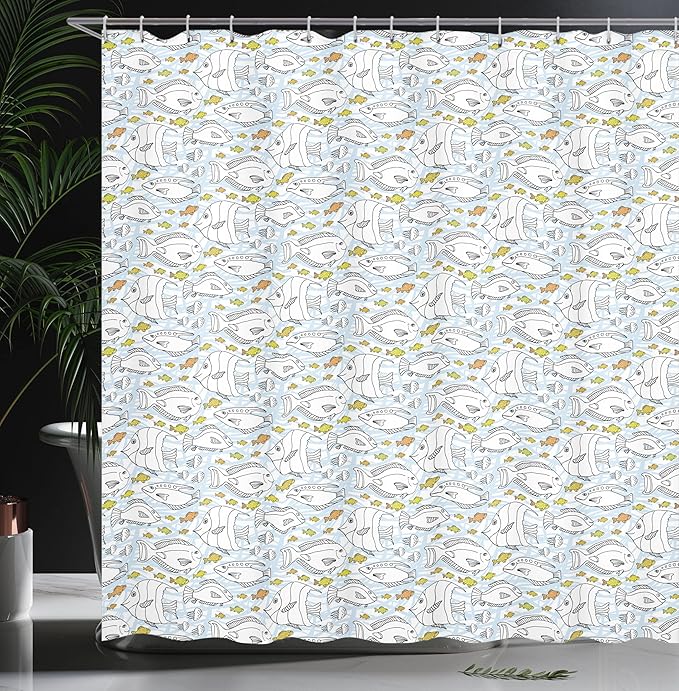 Ambesonne Jellyfish Shower Curtain, Sketch Art with Fish and Jellyfish Patterns Underwater Life Aquatic Illustration, Cloth Fabric Bathroom Decor Set with Hooks, 69" W x 70" L, Black Lime