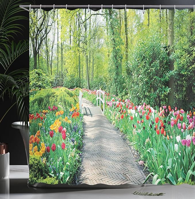 Ambesonne Garden Shower Curtain, Tulips in Keukenhof Gardens and Path Along Colorful Flowers Trees Nature Landscape, Cloth Fabric Bathroom Decor Set with Hooks, 69" W x 75" L, Multicolor