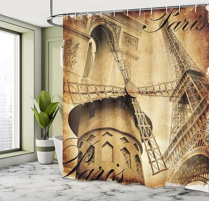 Ambesonne Eiffel Tower Shower Curtain, Parisian Architecture Monument Vacation Tourist Destination Vintage Style Art, Cloth Fabric Bathroom Decor Set with Hooks, 69" W x 70" L, Pale Brown