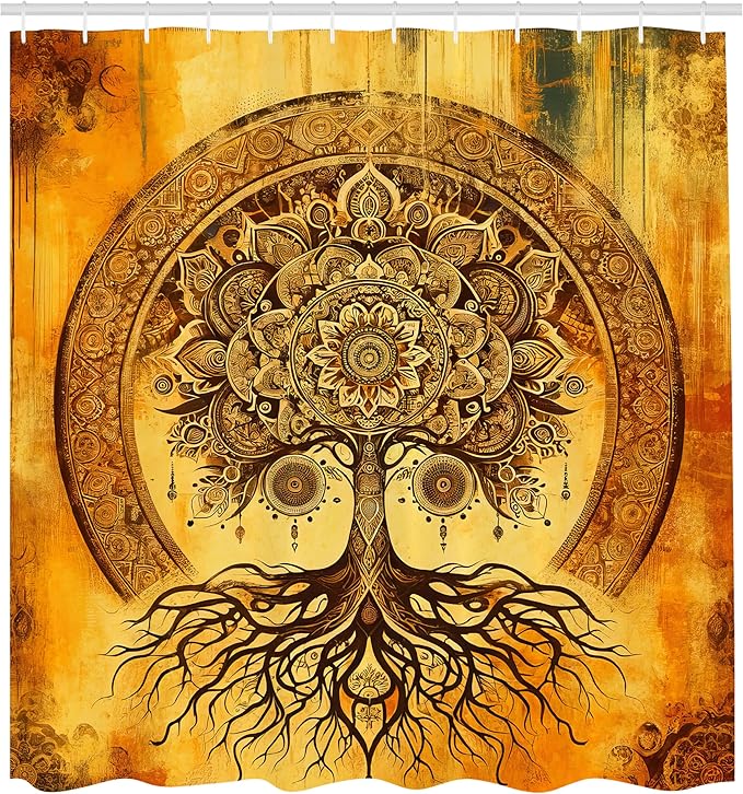 Ambesonne Boho Shower Curtain, Oriental Atmosphere Warm Tone Mandala Ornate Life Tree with Grungy Hues, Cloth Fabric Bathroom Decor Set with Hooks, 69" W x 70" L, Burnt Orange Dark Taupe