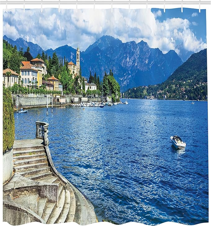 Ambesonne Nature Shower Curtain, Pastoral Lake Como by Rocky Cliffs Boat in River Holiday Sea Shore Peace Design Print, Cloth Fabric Bathroom Decor Set with Hooks, 69" W x 70" L, Blue