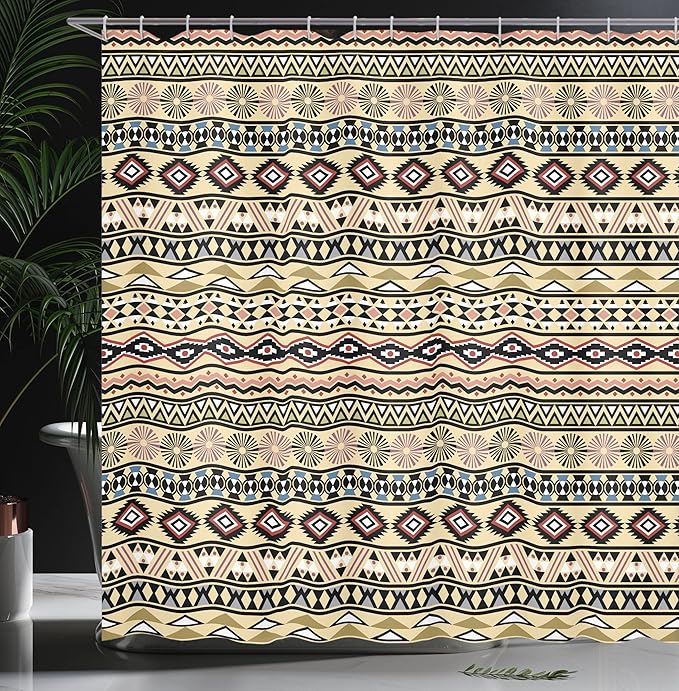 Ambesonne Tribal Shower Curtain, Traditional South American Culture Aztec Tribal Print in Retro Soft Color, Cloth Fabric Bathroom Decor Set with Hooks, 69" W x 70" L, Pastel Cream