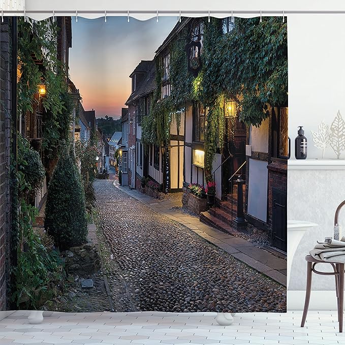 Ambesonne Scenery Shower Curtain, Nighttime on The Cobbles at Mermaid Street in East Sussex Cottages Houses, Cloth Fabric Bathroom Decor Set with Hooks, 69" W x 75" L, Blue Grey and Green
