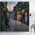 Ambesonne Scenery Shower Curtain, Nighttime on The Cobbles at Mermaid Street in East Sussex Cottages Houses, Cloth Fabric Bathroom Decor Set with Hooks, 69" W x 70" L, Blue Grey and Green