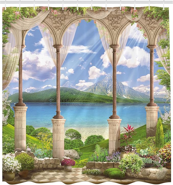 Ambesonne Italian Shower Curtain, Old Stone Arch View The Sea Balcony Fresco Garden Plants Art, Cloth Fabric Bathroom Decor Set with Hooks, 69" W x 70" L, Green