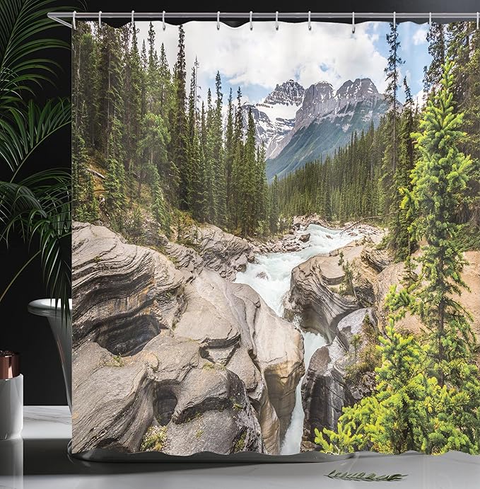 Ambesonne Landscape Shower Curtain, River Float Between Rocks in Forest Northern Recreation Camping Rafting Woods, Cloth Fabric Bathroom Decor Set with Hooks, 69" W x 75" L, Green White