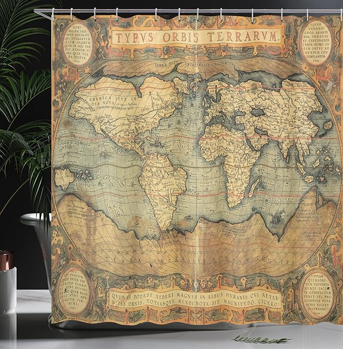 Ambesonne Map Print Shower Curtain, Vintage 16th Century Map of The World History Adventure Civilization, Cloth Fabric Bathroom Decor Set with Hooks, 69" W x 70" L, Army Green Sand Brown