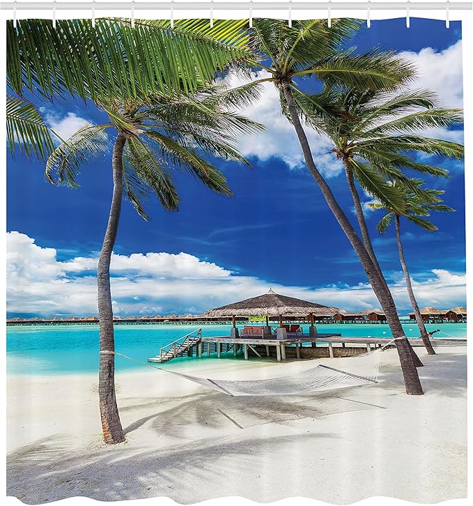 Ambesonne Beach Shower Curtain, Empty Hammock Between Palm Trees Beach with Vibrant Summer Sky Picture, Cloth Fabric Bathroom Decor Set with Hooks, 69" W x 70" L, Coconut Blue