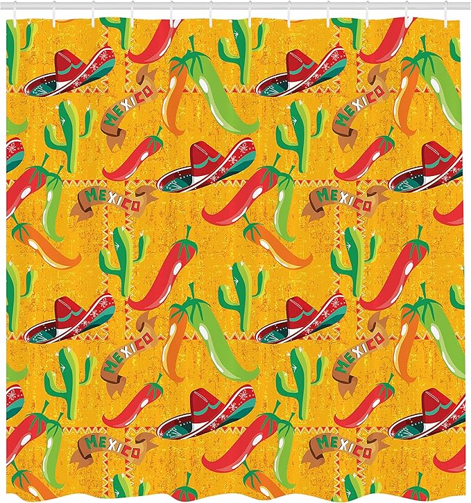 Ambesonne Mexican Shower Curtain, Elements with Cactus Hat and Chili Pepper Pattern Over Grunge Background Print, Cloth Fabric Bathroom Decor Set with Hooks, 69" W x 75" L, Dark Yellow