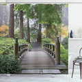 Ambesonne Japanese Shower Curtain, Foggy Morning Wooden Bridge at Japanese Garden with Trees in Autumn Image, Cloth Fabric Bathroom Decor Set with Hooks, 69" W x 70" L, Taupe Green