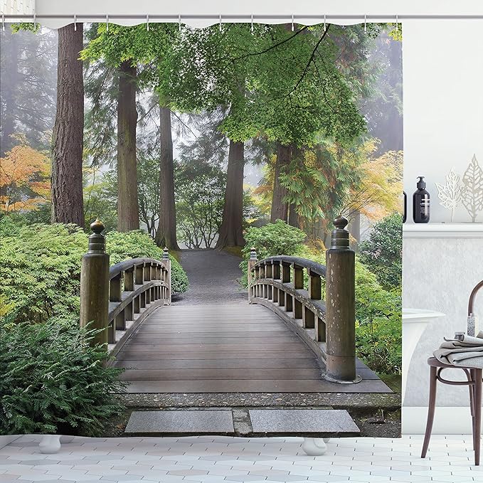 Ambesonne Japanese Shower Curtain, Foggy Morning Wooden Bridge at Japanese Garden with Trees in Autumn Image, Cloth Fabric Bathroom Decor Set with Hooks, 69" W x 70" L, Taupe Green