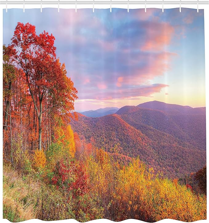 Ambesonne Mountain Shower Curtain, Sunrise Sky Colors Autumn Falls at South Western Village Scenery, Cloth Fabric Bathroom Decor Set with Hooks, 69" W x 75" L, Orange Green