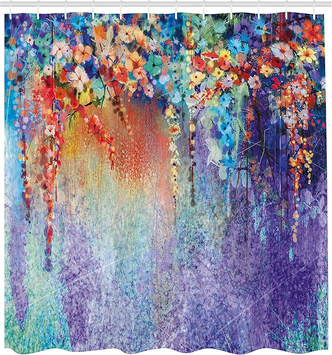Ambesonne Flower Shower Curtain, Abstract Herbs Alternative Medicine Blossoms Ivy Back Florets Shrubs Design, Cloth Fabric Bathroom Decor Set with Hooks, 69" W x 75" L, Ceil Blue