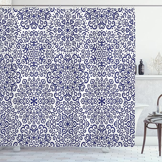 Ambesonne Indigo Shower Curtain, Mandala Pattern of Blooming with Trippy Flowery Hearts on Plain Backdrop Print, Cloth Fabric Bathroom Decor Set with Hooks, 69" W x 75" L, Indigo and White
