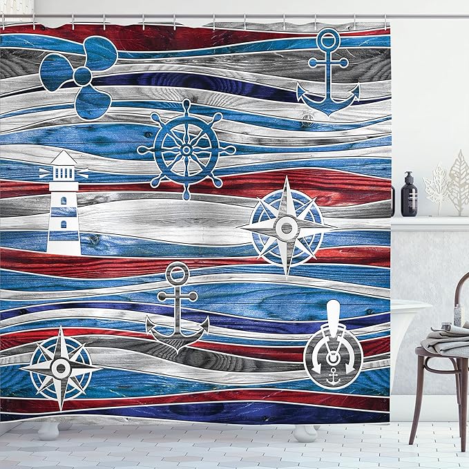 Ambesonne Anchor Shower Curtain, Shipping Boat Anchor Lighthouse Steering Wheel Compass on Waves Background, Cloth Fabric Bathroom Decor Set with Hooks, 69" W x 75" L, Grey Red