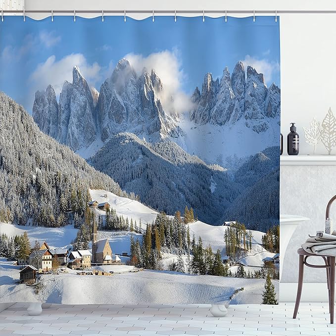Ambesonne Mountain Shower Curtain, Mountain Village Scenery in Winter with Snow Peaks Northern Zone Spot Alps, Cloth Fabric Bathroom Decor Set with Hooks, 69" W x 70" L, White Green
