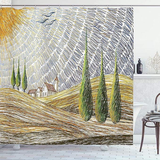 Ambesonne Italian Shower Curtain, Van Gogh Style Italy Valley Rural Fields European Scenery Painting Print, Cloth Fabric Bathroom Decor Set with Hooks, 69" W x 75" L, Lime Green Apricot Night Blue