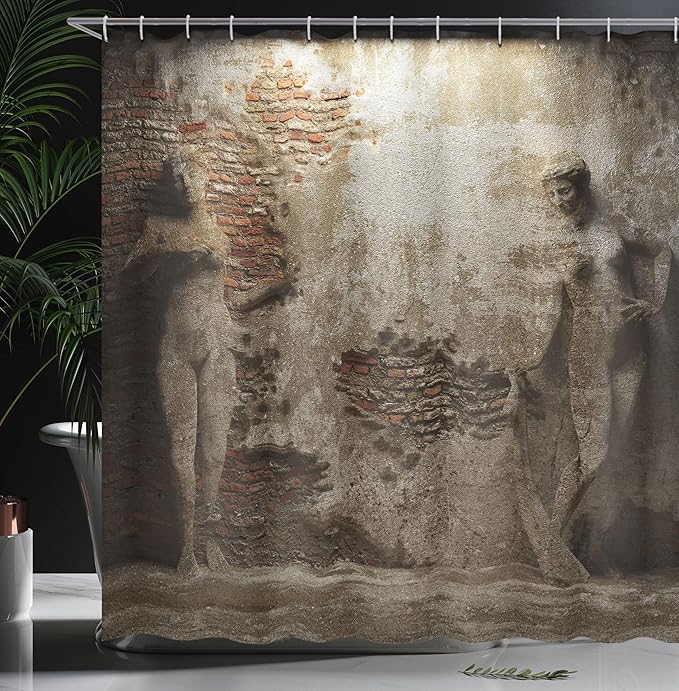 Ambesonne Retro Shower Curtain, Antique Women on Concrete Cement Wall Damaged History Interior, Cloth Fabric Bathroom Decor Set with Hooks, 69" W x 75" L, Orange Beige