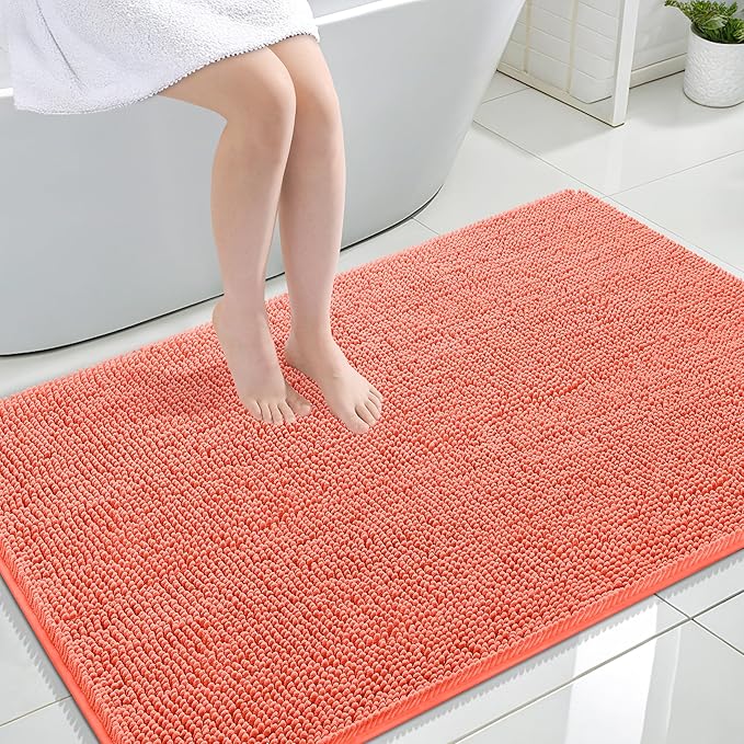 OLANLY Large Bathroom Rugs 47x32, Extra Soft Absorbent Chenille Bath Rugs, Rubber Backing Quick Dry, Machine Washable Bath Mats for Bathroom Floor, Tub and Shower, Home Decor Accessories, Coral