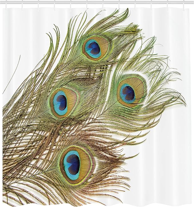 Ambesonne Peacock Shower Curtain, Macro Peacock Tail Feather Like Third Eyes Vitality New Life Path Awakening Print, Cloth Fabric Bathroom Decor Set with Hooks, 69" W x 84" L, White Green