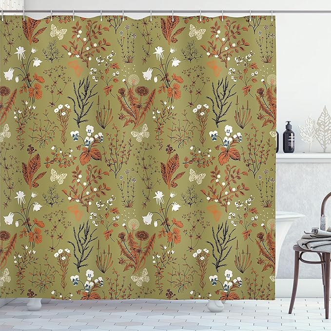 Ambesonne Floral Shower Curtain, Vintage Garden Plants Herbs Flowers Botanical Classic Design Illustration, Cloth Fabric Bathroom Decor Set with Hooks, 69" W x 70" L, Dark Orange