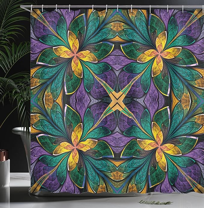 Ambesonne Fractal Shower Curtain, Antique Ornate Symmetric Stained Glass Mosaic Window Style Floral Tile Pattern, Cloth Fabric Bathroom Decor Set with Hooks, 69" W x 84" L, Green Purple